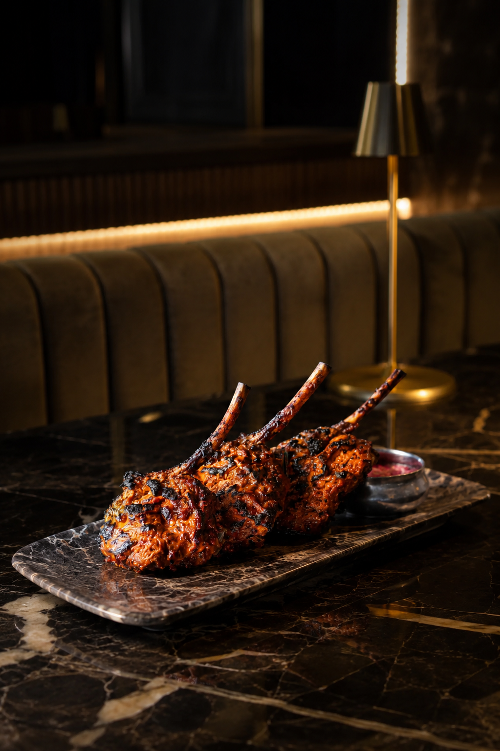 Hand-cut lamb chops, charred and plated